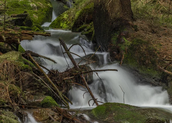 Großes Quellwasser am schönen Bach am Frühlingstag im Krusne-Gebirge — Stockfoto