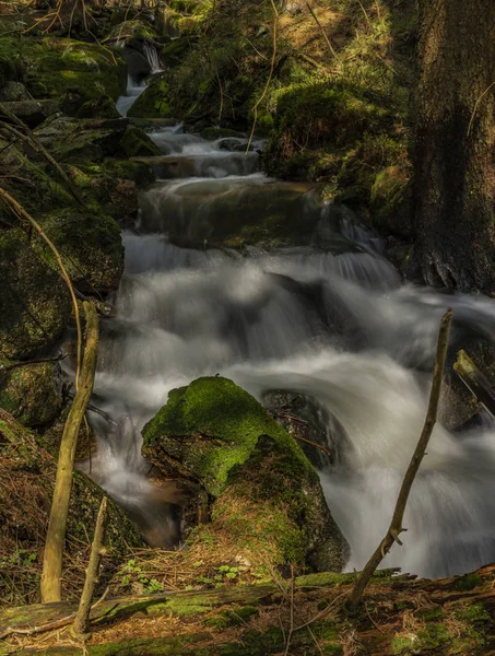 Velká pramenitá voda na hezkého potoka v jarním dnu v pohoří Krusne — Stock fotografie