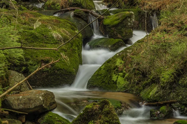 Gran agua de manantial en el bonito arroyo en el día de primavera en las montañas de Krusne —  Fotos de Stock