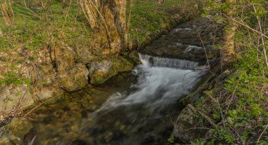 Branna nehir ilkbahargüneşli akşam sokakta taze yeşil çim ile