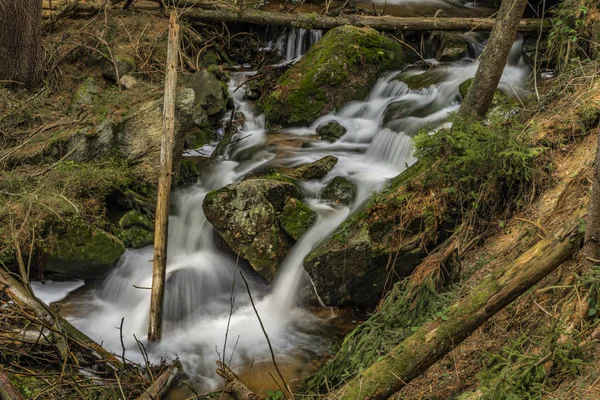 Großes Quellwasser am schönen Bach am Frühlingstag im Krusne-Gebirge — Stockfoto