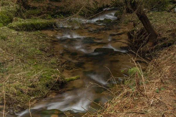 Duża źródlana woda na ładnym potoku w wiosennym dniu w górach Rudawy — Zdjęcie stockowe
