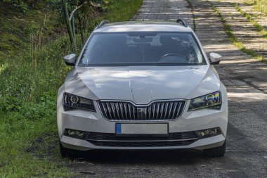 Yaz güneşli ormanda beton yolda beyaz temiz araba