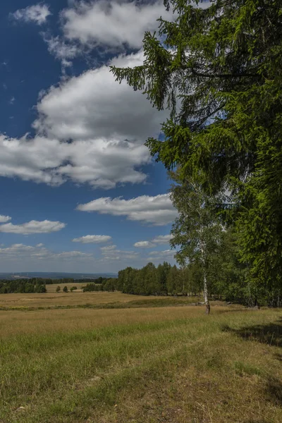 Rétek és legelőterületek közelében eltűnt falu Smrkovec nyári forró nap — Stock Fotó