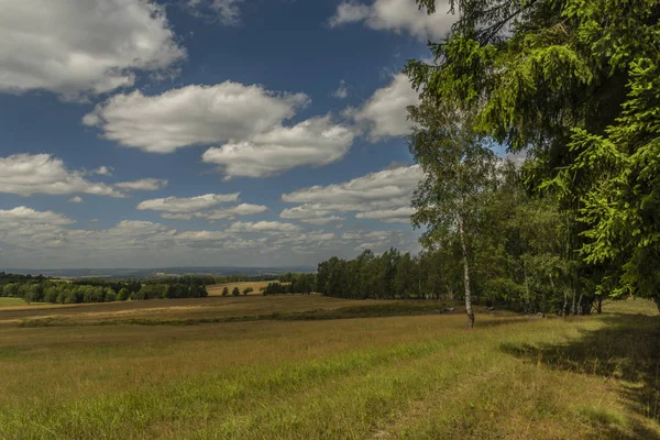 Meadows and pasture land near vanished village Smrkovec in summer hot day — Stock Photo, Image