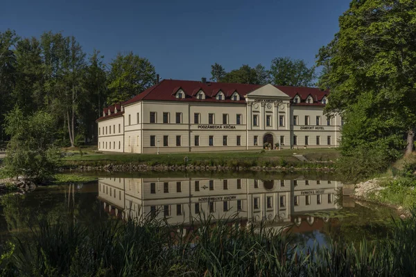 Zamek z małym stawem i drzewem wokół w zachodnich Czechach w lecie — Zdjęcie stockowe