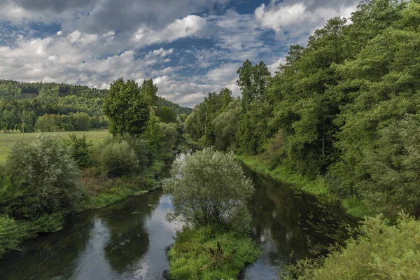 Ohre folyó nyár közepén nyírfákkal és sátrak — Stock Fotó