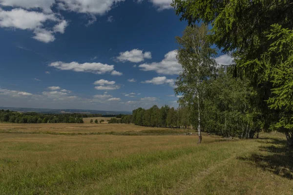 Yaz sıcak gününde kaybolan köy Smrkovec yakınlarındaki çayır ve mera arazi — Stok fotoğraf