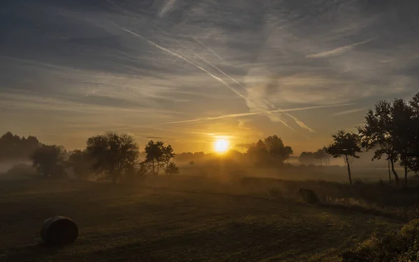 Lever de soleil avec brouillard sur les prairies près de la ville de Pisek en Bohême du Sud — Photo