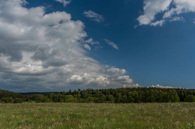 Vernerov köyü yakınlarındaki manzara ve ilkbaharda şehir güzel mavi gökyüzü günü