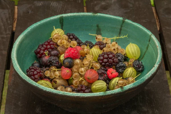 Fruit Jardin Couleur Mixte Sur Table Brune Bois Plat Pierre — Photo