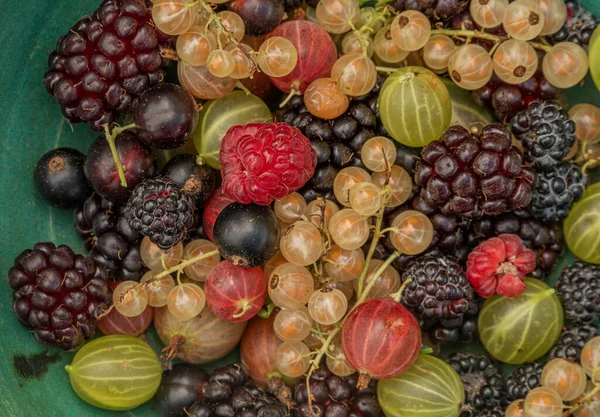 Fruit Jardin Couleur Mixte Sur Table Brune Bois Plat Pierre — Photo