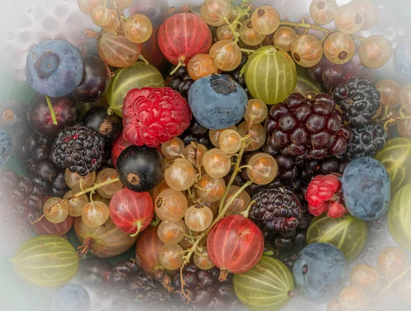 Fruit Jardin Couleur Mixte Sur Table Brune Bois Plat Pierre — Photo