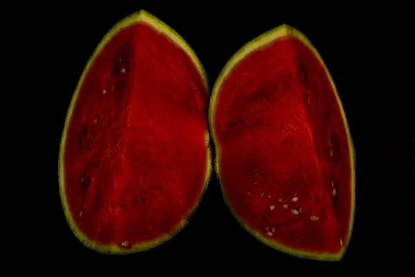 Szín Friss Víz Piros Mag Nélküli Dinnye Fekete Háttér — Stock Fotó