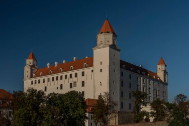 Bratislava Şatosu yaz mevsiminde sıcak bir akşam ve mavi gökyüzü Slovakya 'da