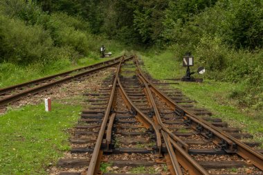 Polonya 'daki Balnica İstasyonu' nda yaz güneşli ve güneşli bir gecede dar bir demiryolu.