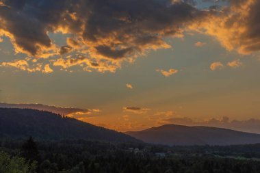 Yaz mevsiminde Krzywe köyü yakınlarında gün batımı çayırda sabah