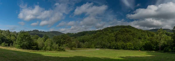 Prairie Verte Forêt Près Village Osadne Dans Vallée Rivière Udava — Photo