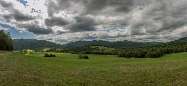 Widok Panoramiczny Zielonymi Łąkami Pastwiskami Oraz Szarymi Chmurami Pobliżu Wioski — Zdjęcie stockowe