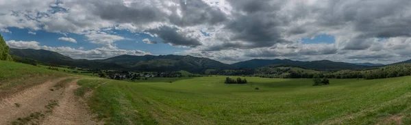 Панорама Зеленими Луками Пасовищами Сірими Хмарами Біля Села Руніна — стокове фото