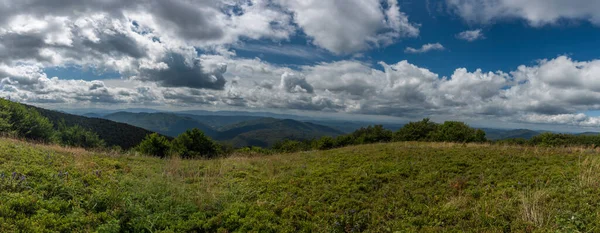 Pohled Hřebene Národního Parku Poloniny Letním Oblačném Modrém Dni Pomezí — Stock fotografie