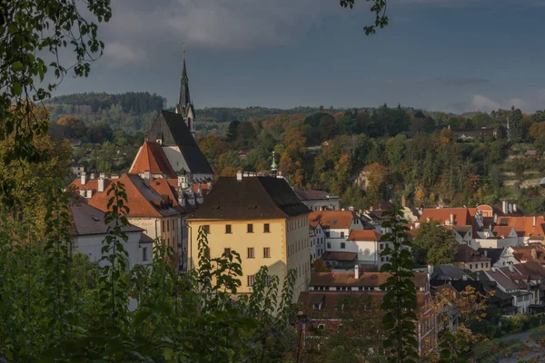 Cesky Krumlov Gamla Stan Med Vltava Floden Och Broar Höst — Stockfoto