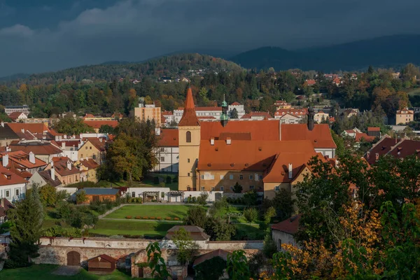 Cesky Krumlov Gamla Stan Med Vltava Floden Och Broar Höst — Stockfoto