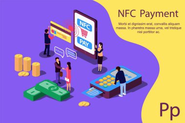 Kavram Nfc ödeme pos terminalleri ile telefon ve sosyal medya, belgeler, web sayfası için kredi kartı. Vektör çizim onaylar kabul temassız ödeme kredi kredi kartı, para. 
