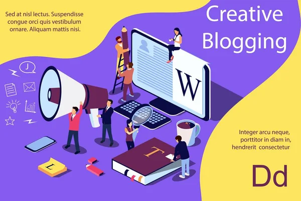 Creatief Bloggen Isometrische Illustratie Concept Mensen Leren Creatieve Bloggen Copywriting — Stockvector