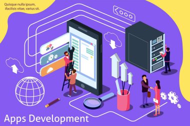 Yaratıcı izometrik vektör çizim. App Geliştirme içeriği için web sayfası, afiş, sosyal medya, belgeler, kartları, posterler, Haberler.