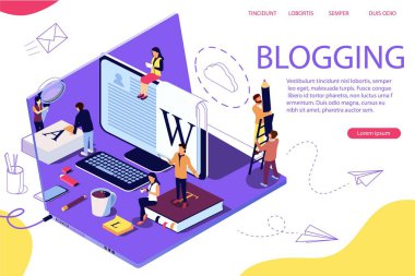 İzometrik kavramı yaratıcı yazma veya web sayfası, afiş, sosyal medya, belgeler, kartları, posterler için bloglama, eğitim ve içerik yönetimi. Arka plan olarak laptop. Çift Pozlama vektör etkisi.