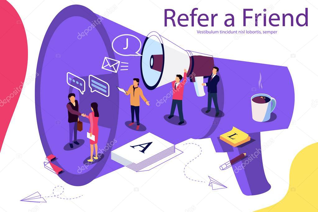 Isometric illustration concept. People shou into the microphone with Refer a friend words Content for web page, banner, social media, documents, cards, posters. Microphone as background. Double exposure vector effect.