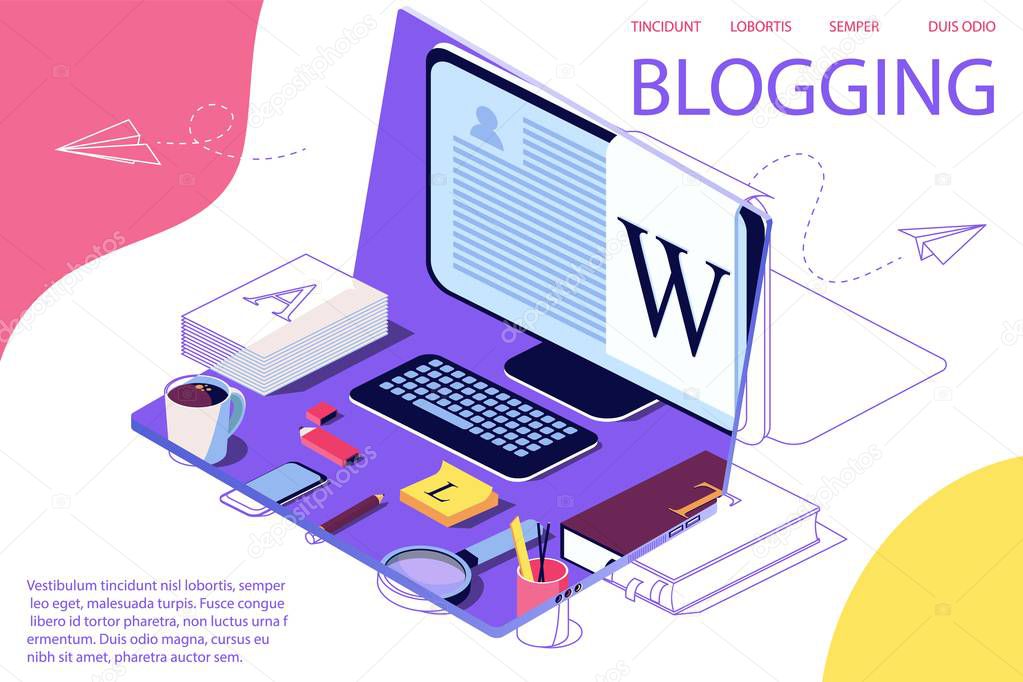 Isometric Concept for Blog, Blogging concept, post, content strategy, social media, chatting. Vector illustration for web page, social media. Laptop as background. Double exposure vector effect.
