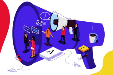 İzometrik illüstrasyon kavramı. İnsanlar öner bir arkadaş ile mikrofona sözler içerik web sayfası, afiş, sosyal medya, belgeler, kartları, posterler için bağırmak. Arka plan olarak mikrofon. Çift Pozlama vektör etkisi.