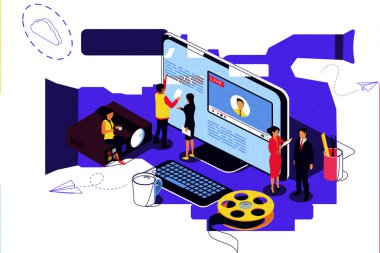 Online eğitim için izometrik kavram Education.Iillustration, bloglama medya içeriği. E-öğrenme sosyal medya, belgeler, kartları, posterler için eğitim, Internet online kitap, kılavuzlar. Video kamera arka plan olarak. Çift pozlama etkisi.