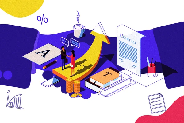 Isometric concept. The investors holds money in ideas social media, documents.Iillustration for the opening of a new startup, financing of creative projects. Education. Team work. Handshake as background.