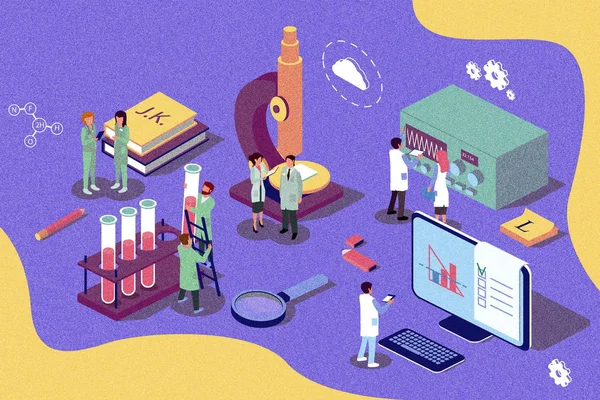  Retro izometrik illüstrasyon kavramı. Araştırma Laboratuvarı, laboratorium çalışma scientis.