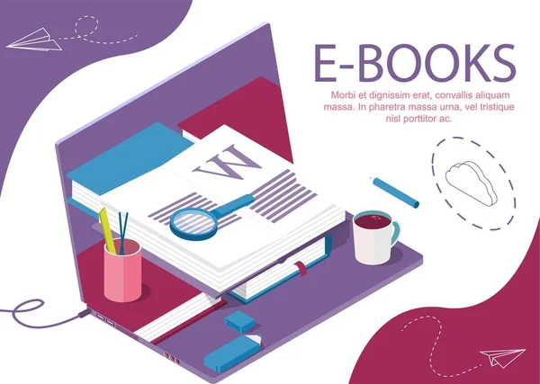 Livro Biblioteca Conceito Banner Ilustração Para Notícias Copywriting Seminários Tutorial —  Vetores de Stock