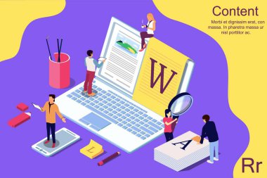 İzometrik kavramı yaratıcı yazma veya web sayfası, afiş, sosyal medya, belgeler, kartları, posterler için bloglama, eğitim ve içerik yönetimi. Vektör çizim Haberler, copywriting, seminerler, eğitim presenttation için.