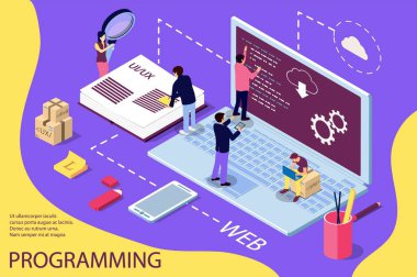 Programlama kavramı afiş. Web afiş, infographics, kahraman görüntüleri için kullanabilirsiniz. Beyaz arka plan üzerinde izole düz izometrik vektör çizim