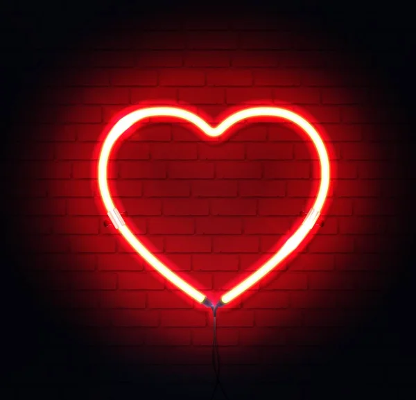 Red Neon Heart Bright Night Neon Sign Brick Wall Background — Stock Vector