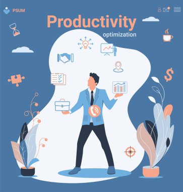 İşadamı ve çoklu görev. Üretim optimizasyonu. İş adamı iş simgeleriyle uğraşır. İş vektörü illüstrasyonunu kavra.