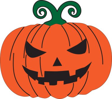 Korkunç yüzlü, sivri dişli ve fidanlı yeşil saplı şeytani Cadılar Bayramı balkabağı..