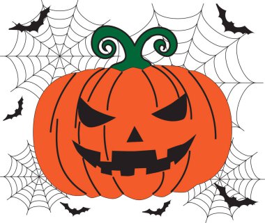 Korkunç yüzlü, sivri dişli ve fidanlı yeşil saplı şeytani Cadılar Bayramı balkabağı..