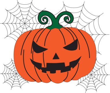 Korkunç yüzlü, sivri dişli ve fidanlı yeşil saplı şeytani Cadılar Bayramı balkabağı..