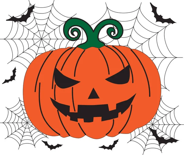 Korkunç yüzlü, sivri dişli ve fidanlı yeşil saplı şeytani Cadılar Bayramı balkabağı..