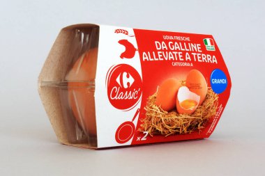 Roma, İtalya - 5 Eylül 2025: Nuova Coccod S.r.l tarafından üretilen 2 İtalyan taze yumurtası paketi. Carrefour Mağazaları için