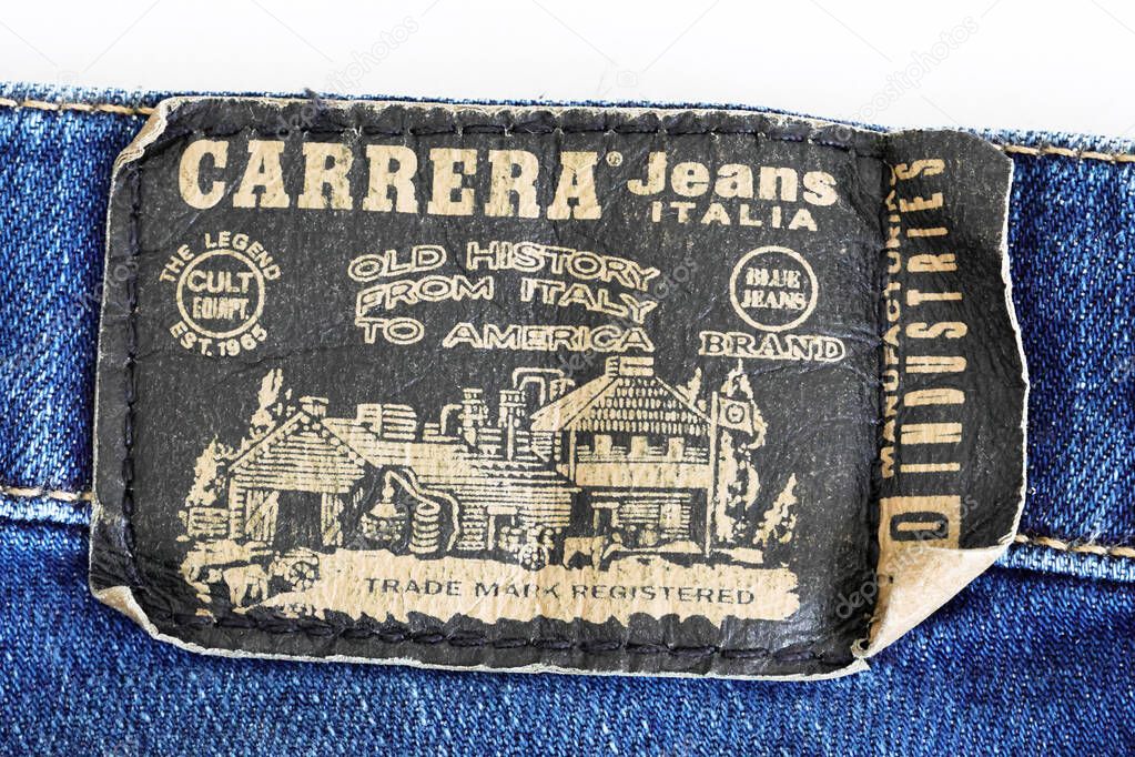 Rome, Italy - September 12, 2025: Carrera Jeans 717 Slim Fit in blue denim, Italian denim brand established in Verona in 1965