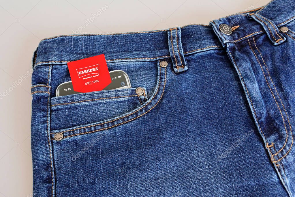 Rome, Italy - September 12, 2025: Carrera Jeans 717 Slim Fit in blue denim, Italian denim brand established in Verona in 1965