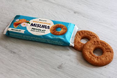 Rome, Italy - September 18, 2025: Misura Privolat biscuits with wildflower honey, without milk and eggs, Italian baked product